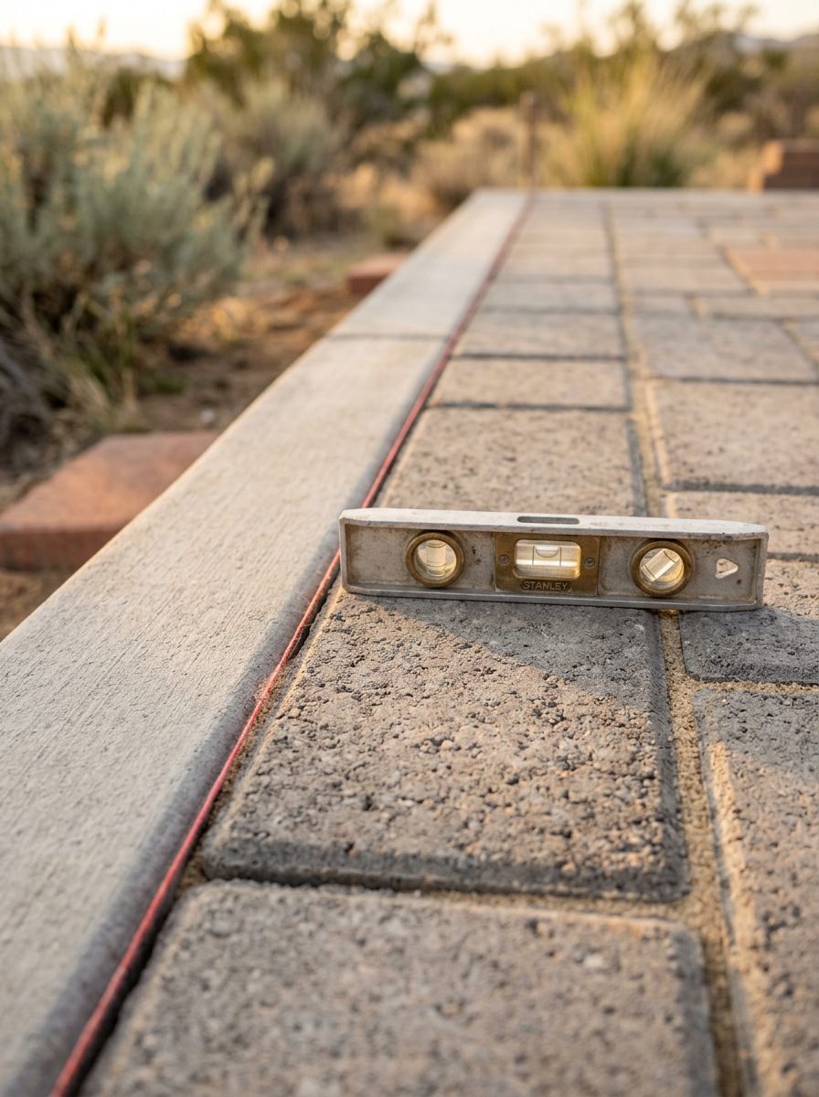 Torpedo level on a freshly leveled paver edge along a chalk line