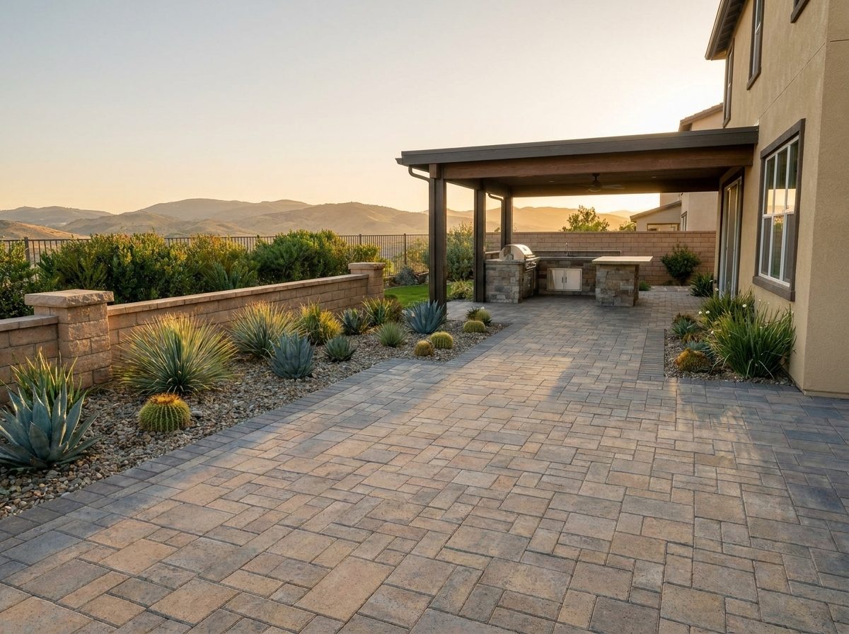Finished paver patio with a low block wall, covered outdoor kitchen, and mountain views