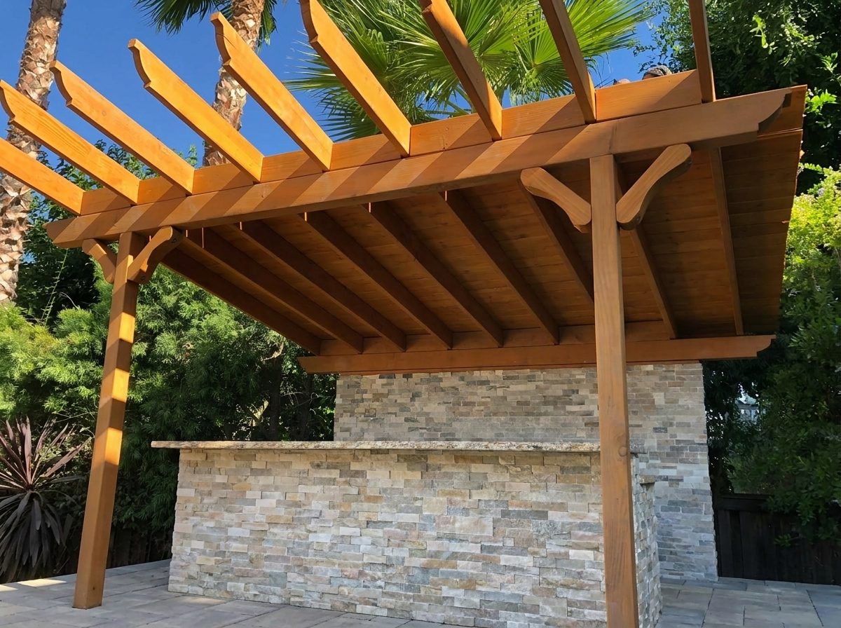 Wood pergola patio cover over a stacked-stone outdoor kitchen in a backyard