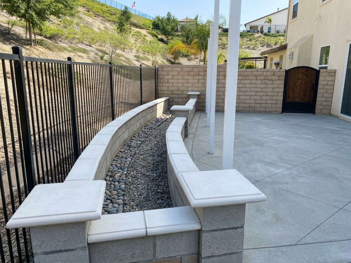 Finished curved retaining wall with white cap stones beside a concrete patio