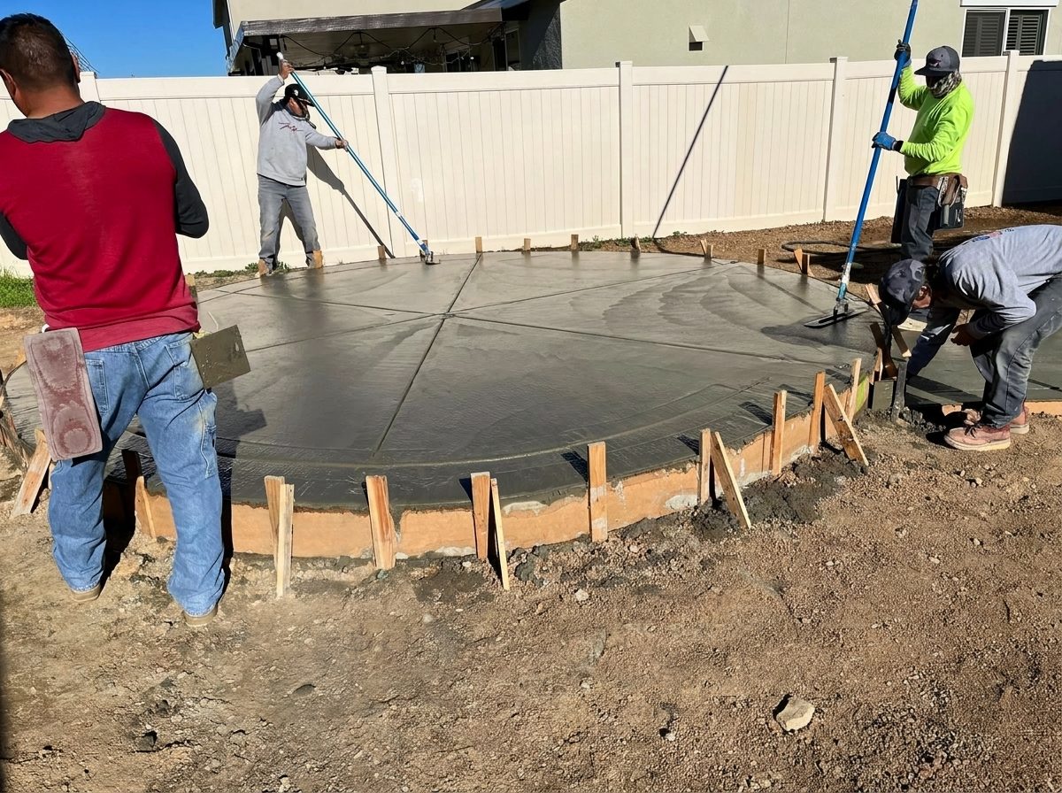 Crew finishing a large round concrete pad in a backyard