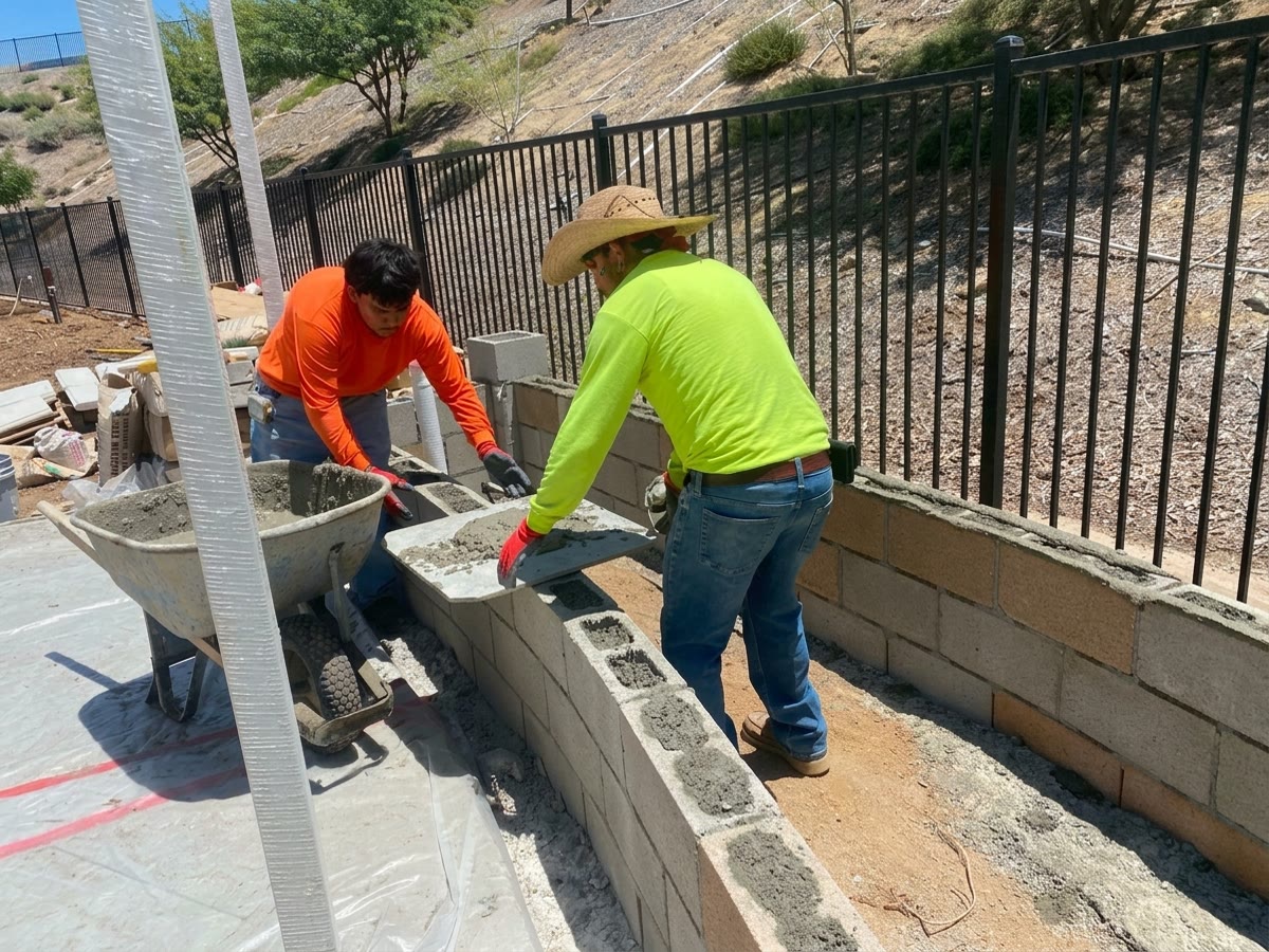 Level Line masons laying a concrete block retaining wall on a Perris job site
