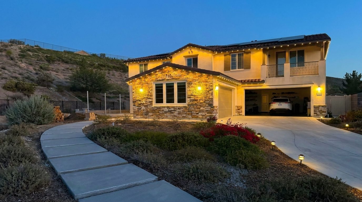 Finished home exterior at dusk with new stacked-stone veneer and a poured-concrete stepped walkway