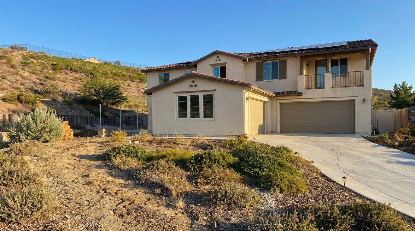 Same home before the upgrade: plain stucco facade and a bare dirt slope